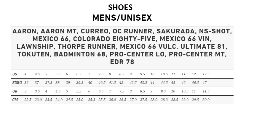 Onitsuka Tiger Shoe Size Chart