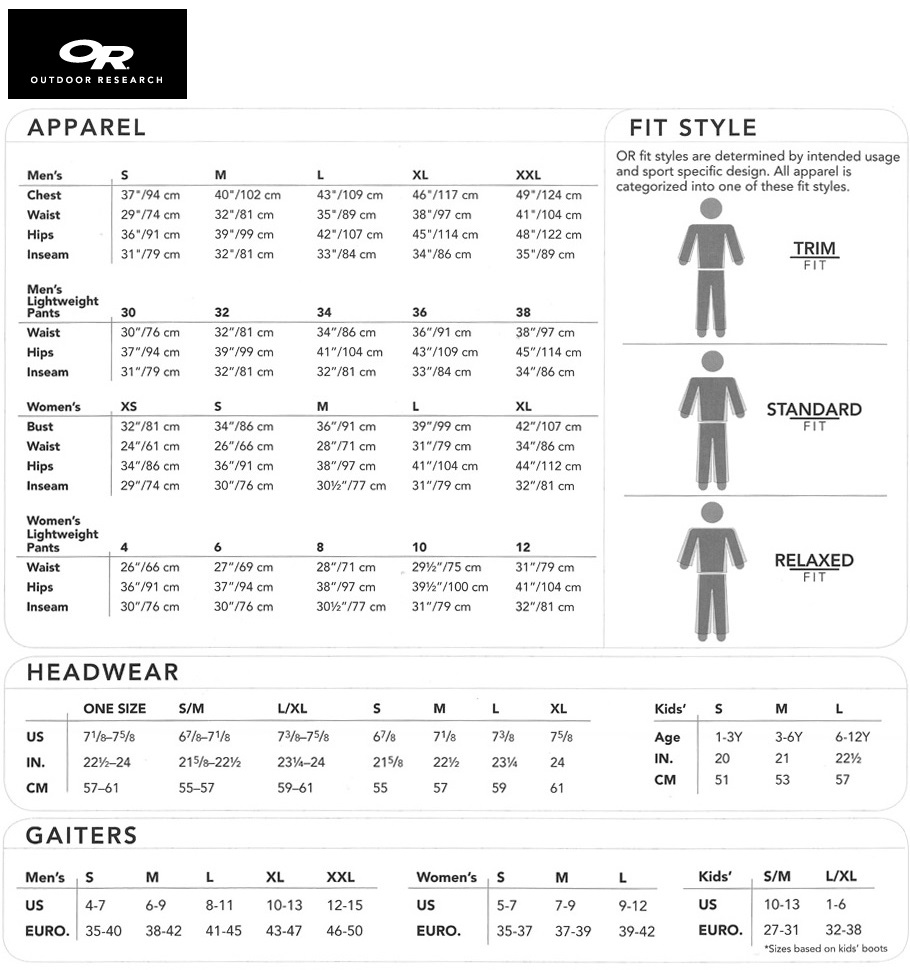 outdoor research jacket sizing