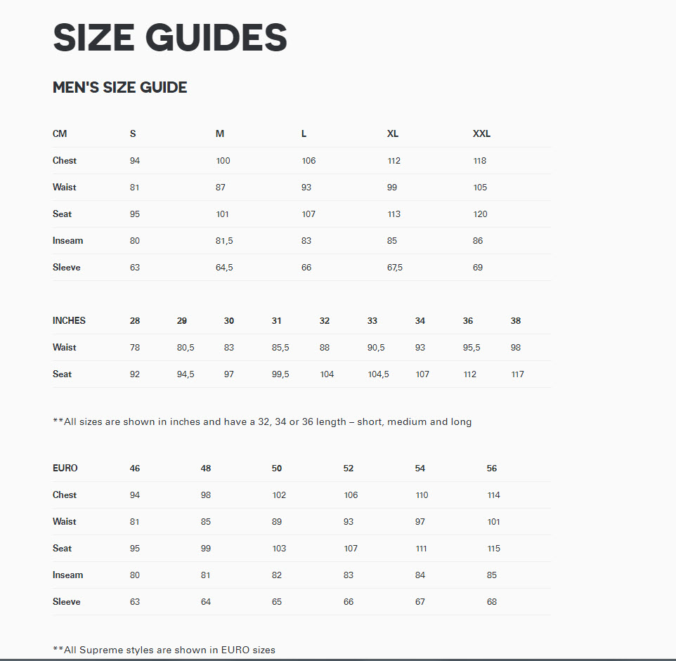 Supreme Size Chart