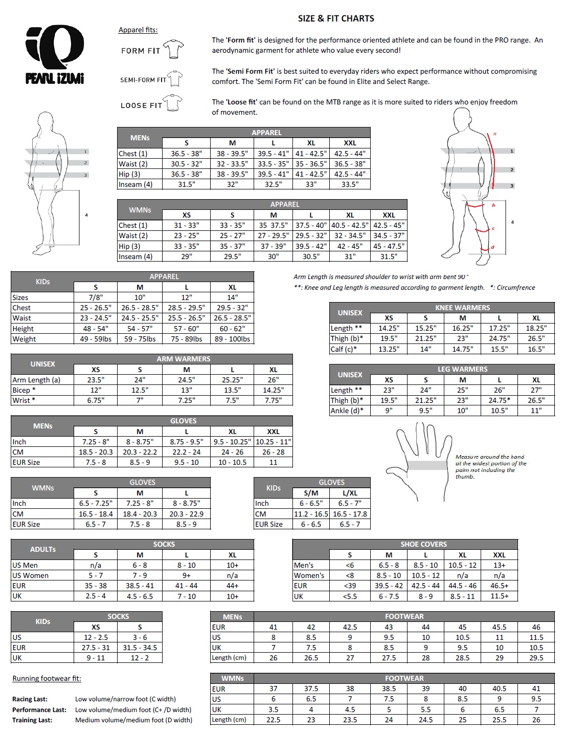 Pearl Izumi Size Chart