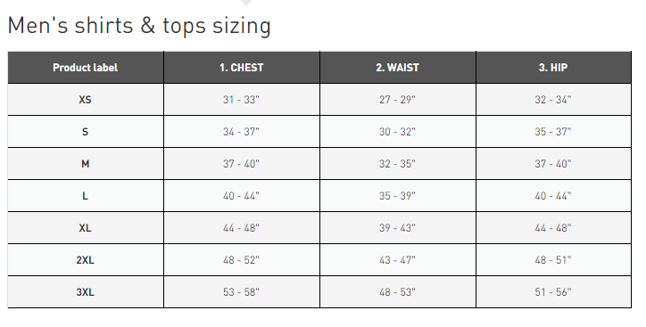 reebok women's apparel size chart