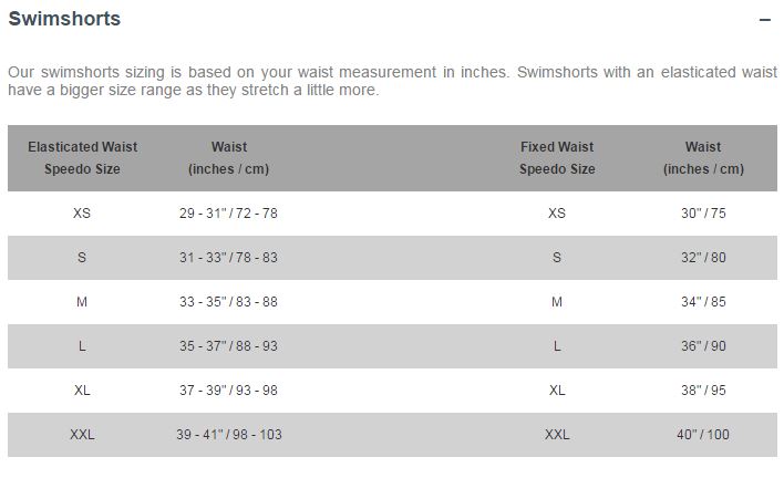 Speedo Swim Trunks Size Chart