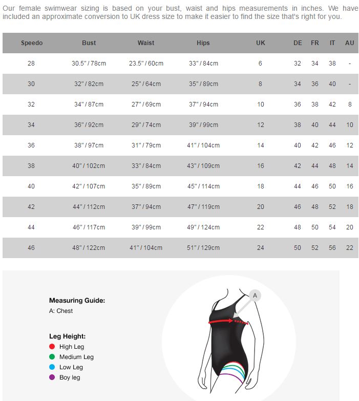 Speedo Swimming Suit Size Chart