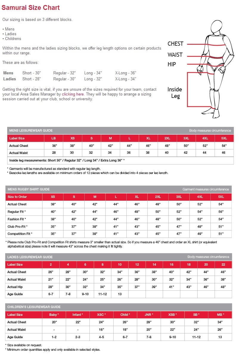 Samurai Size Guide