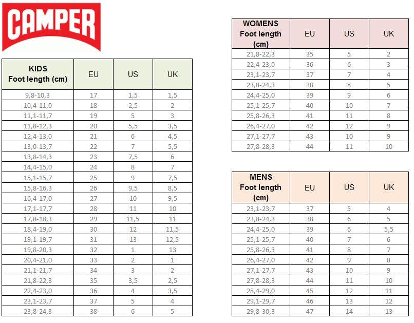 Camper shoes size chart Sizekeg