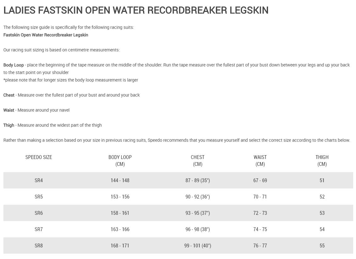 Speedo Women's Swimwear Size Chart