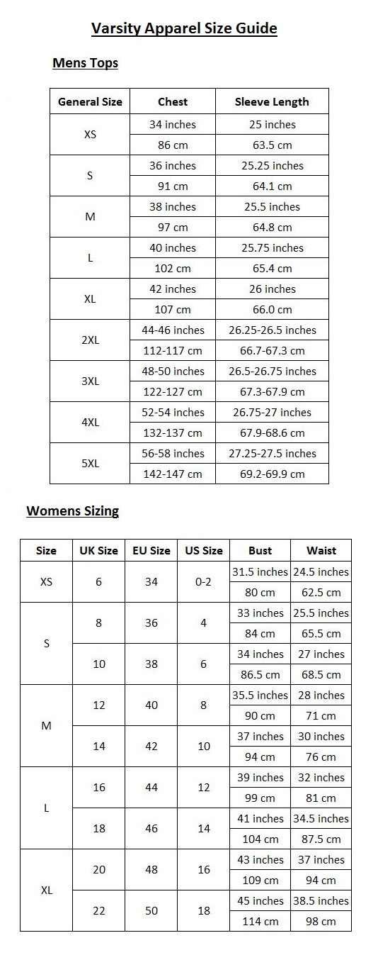 Varsity Apparel Size Guide