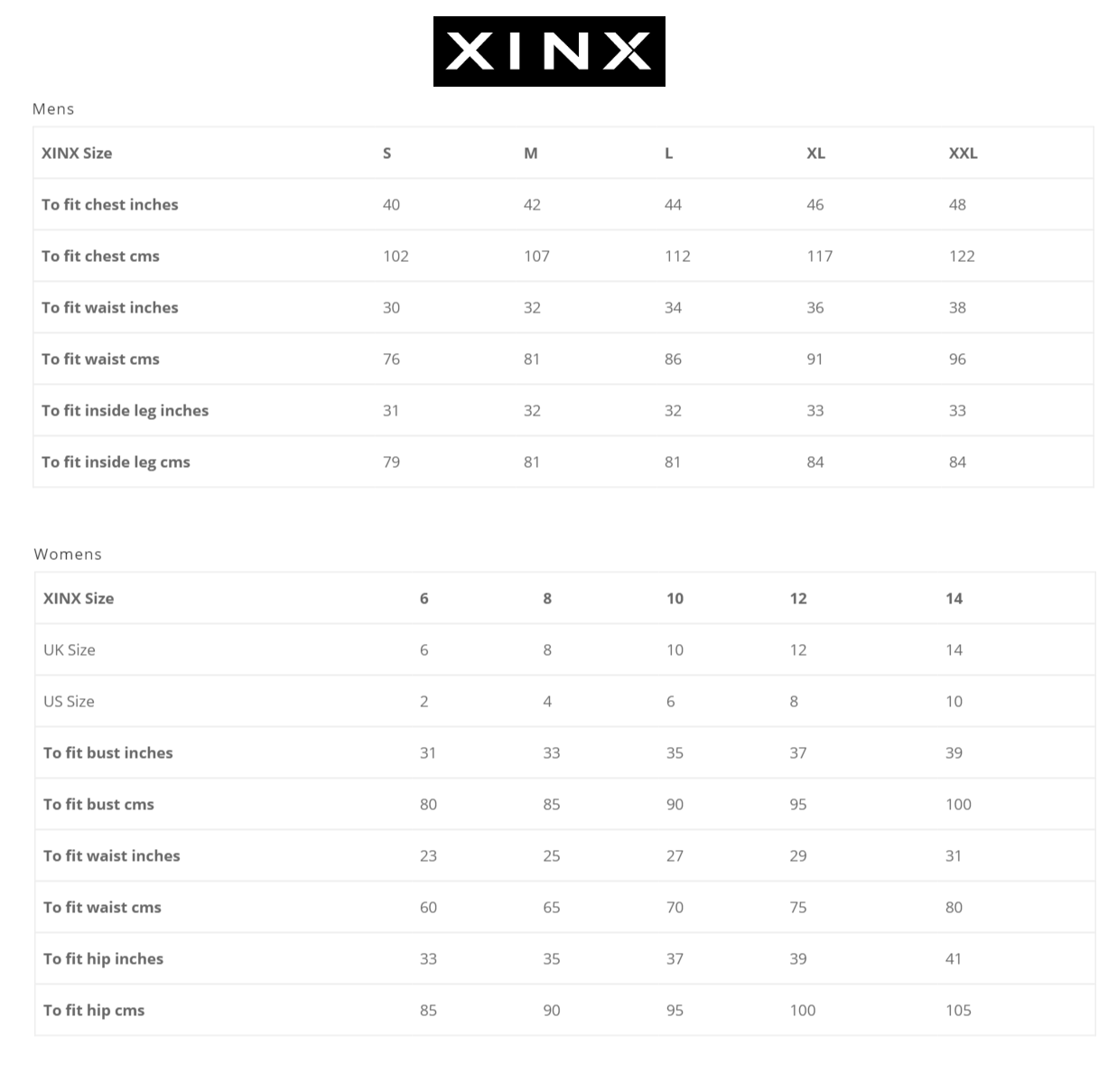 Xinx Size Guide