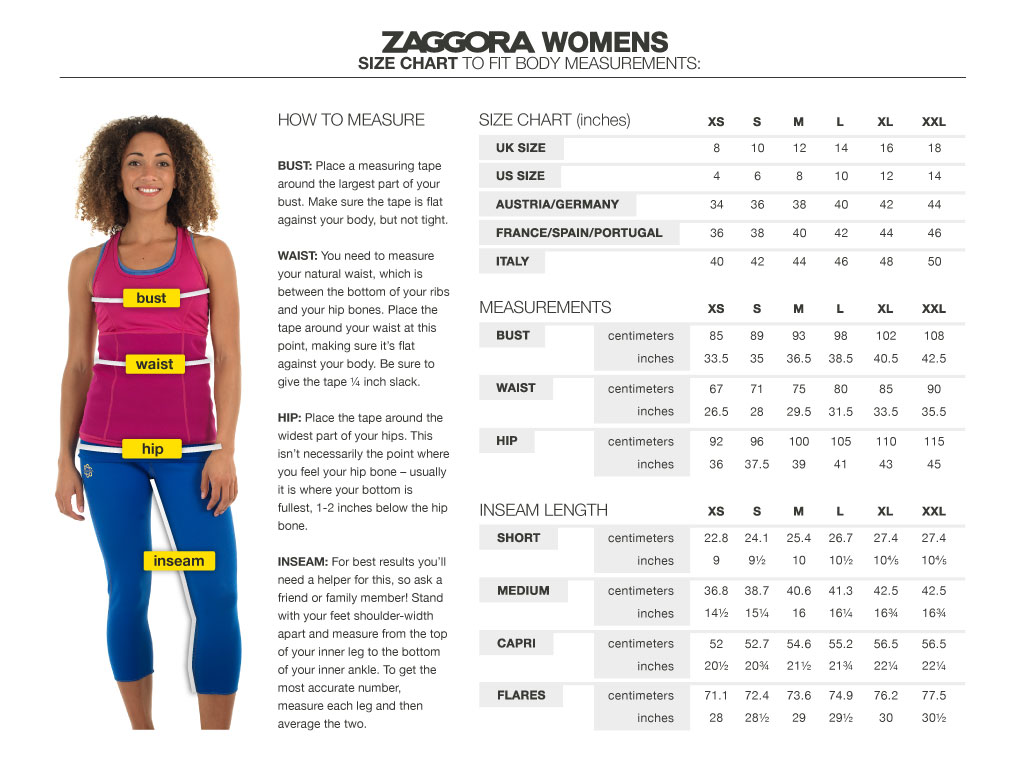 Zaggora Pants Size Chart