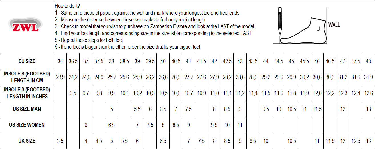 Zamberlan Size Chart
