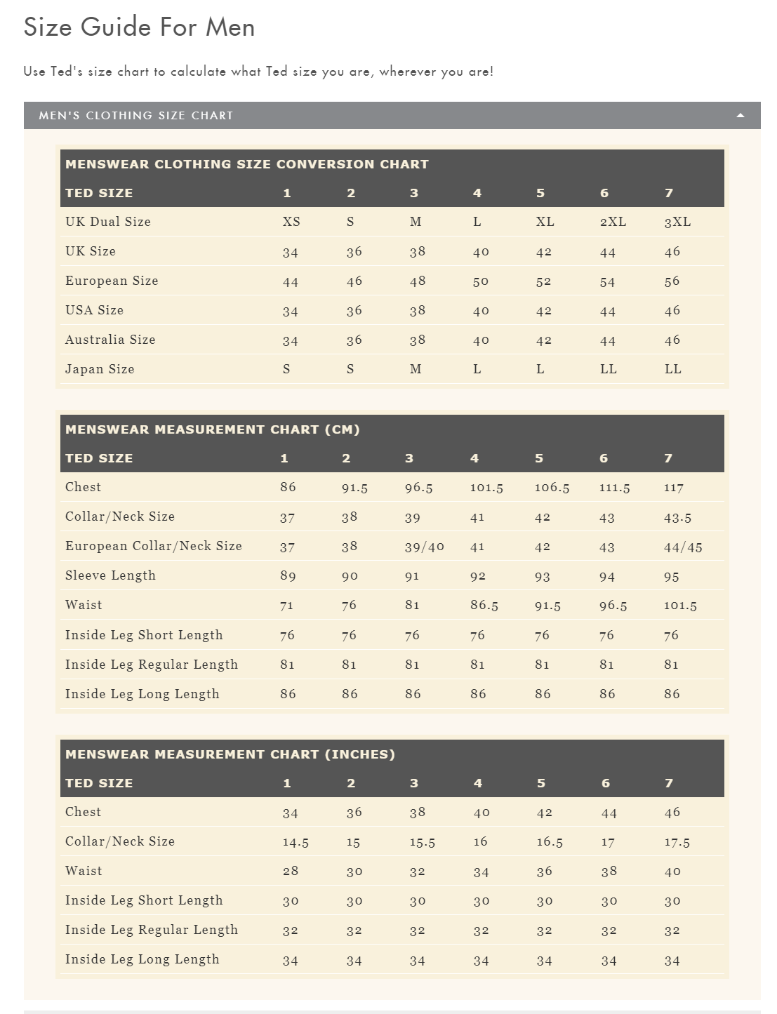 Ted Baker Size Guide