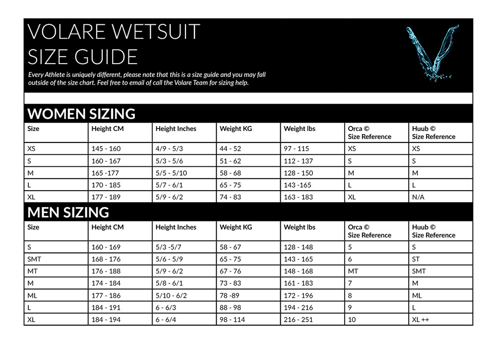 Volare Size Guide